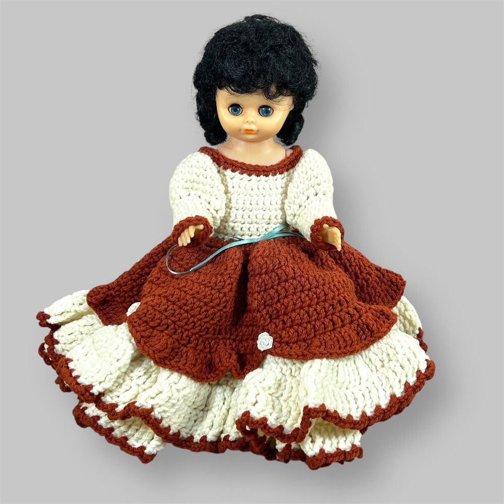 Vintage Crocheted Bed Pillow Doll 13” Handmade Floral Dress Sleepy Eyes Brunette